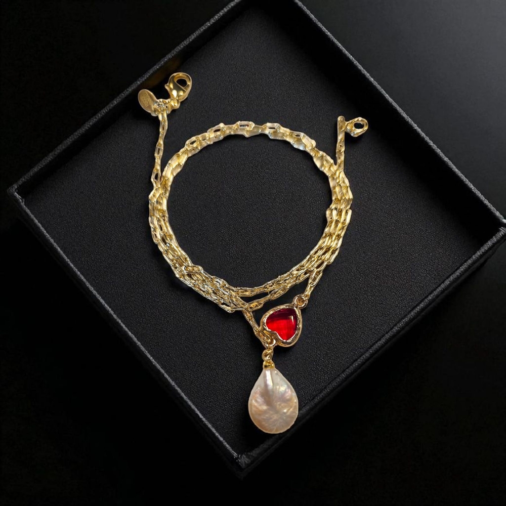 Elegant Gold, Red Heart, and Baroque Pearl Necklace NWT